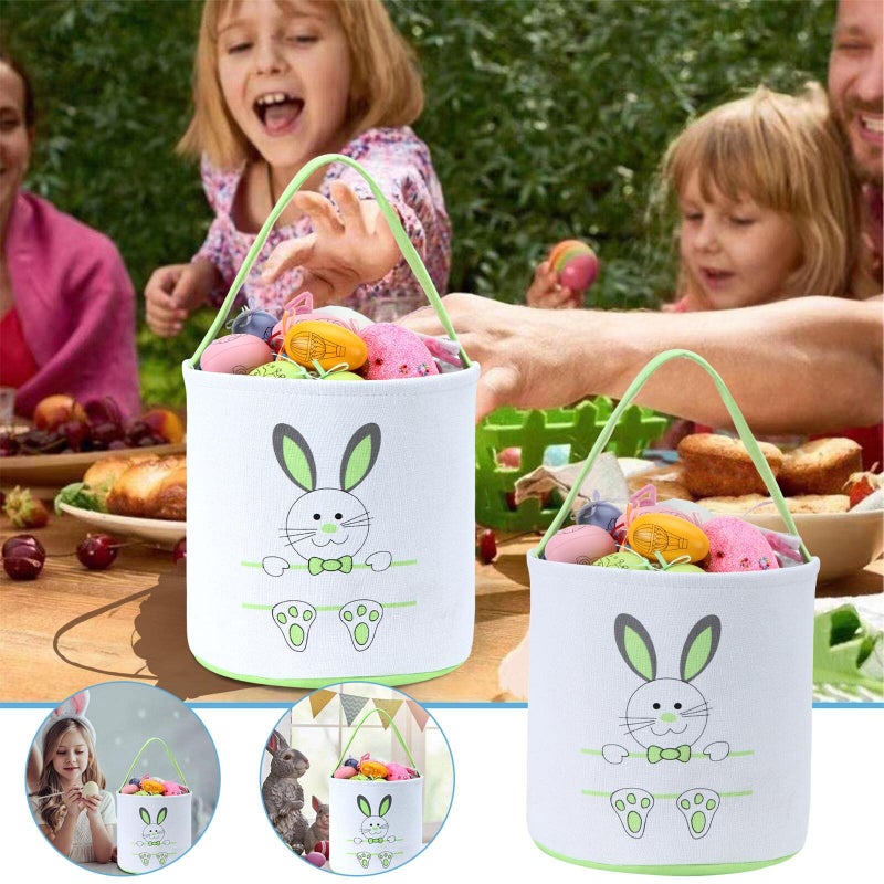XinblueCo Easter Bunny Basket Egg Bags for Kids,Canvas Cotton Personalized Candy Egg Basket Rabbit Print Buckets with Fluffy Tail Gifts Bags for Easterâ€¦â€¦ - Image 3